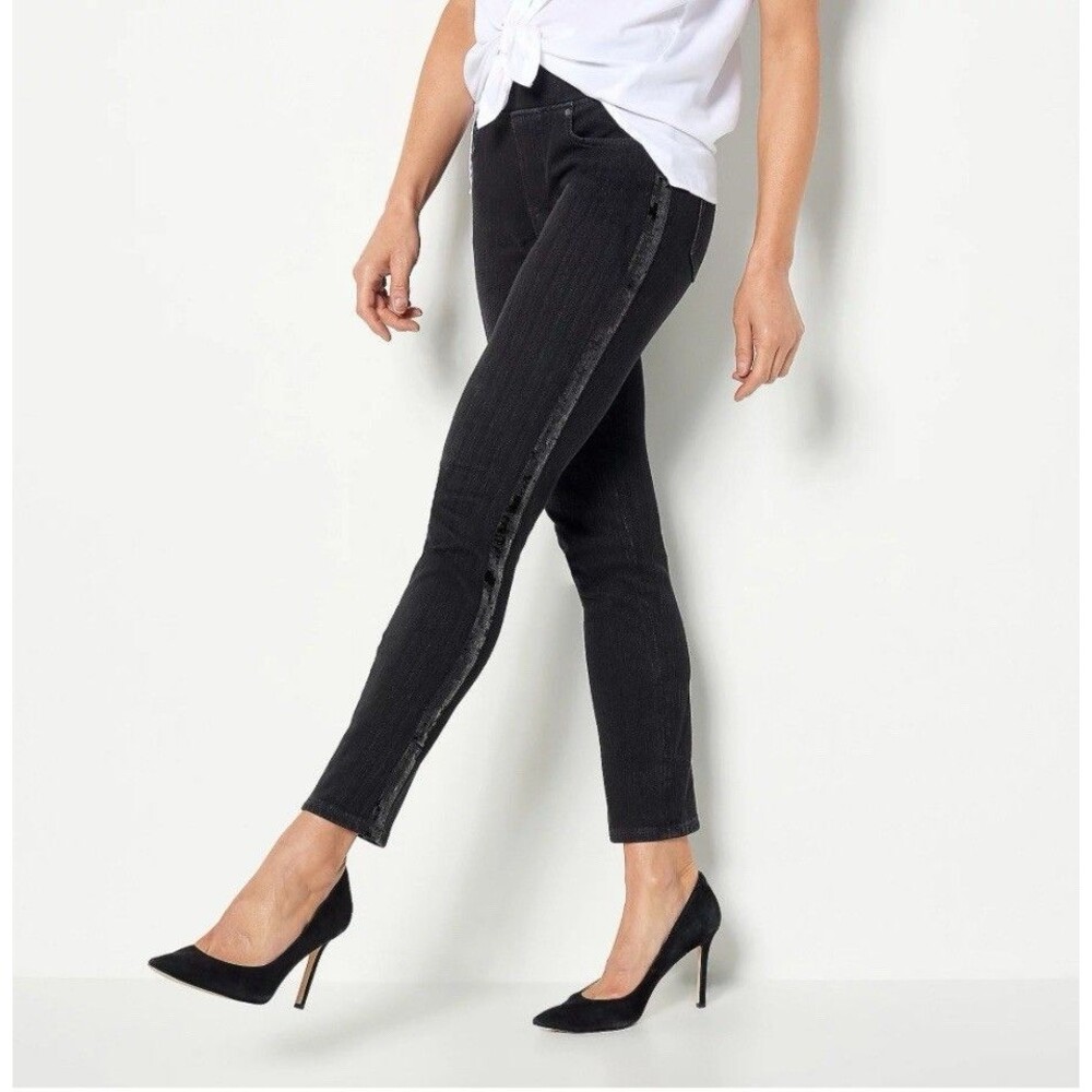 Belle by Kim Gravel Flexibelle Pet Straight Leg Sequin Jeans - Grey Wash 30P